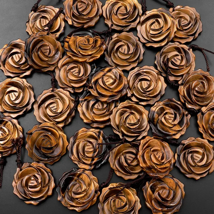 AAA Hand Carved Natural Tigers Eye Rose Flower Pendant Gemstone Focal Bead Intrinsic Trading Necklaces