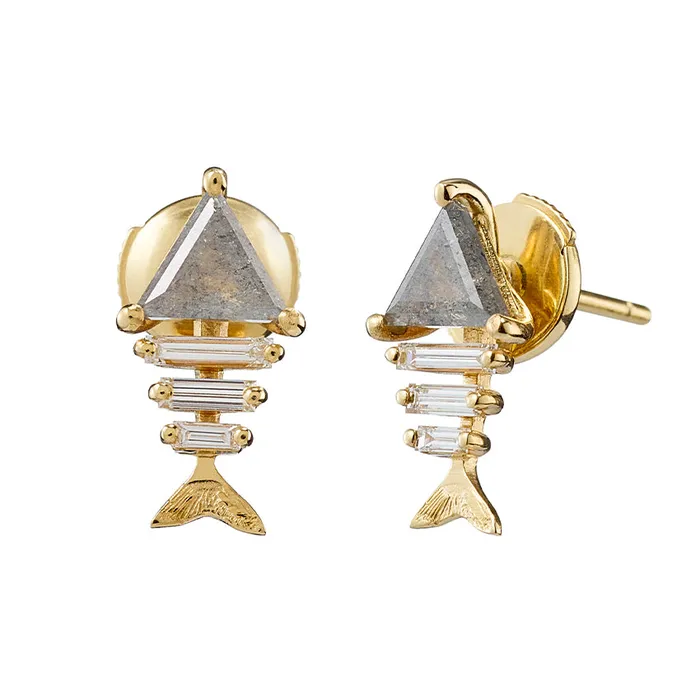 ARTEMER Earrings Gold Fish Bone Earrings with Triangle and Baguette Cut Diamond ARTEMER Earrings Gold Fish Bone Earrings with Triangle and Baguette Cut Diamond