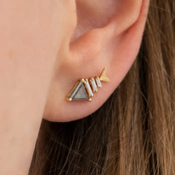 ARTEMER Earrings Gold Fish Bone Earrings with Triangle and Baguette Cut Diamond