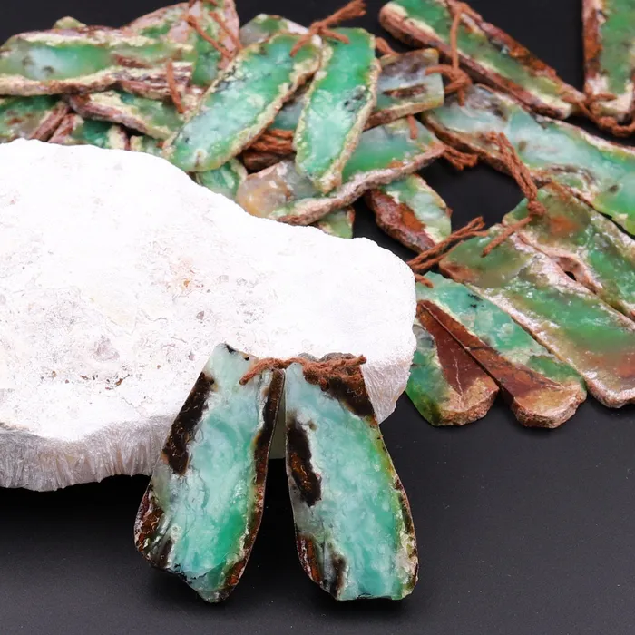 Drilled Natural Bicolor Green Brown Chrysoprase Earring Pair Freeform Matched Gemstone Beads Intrinsic Trading Earrings