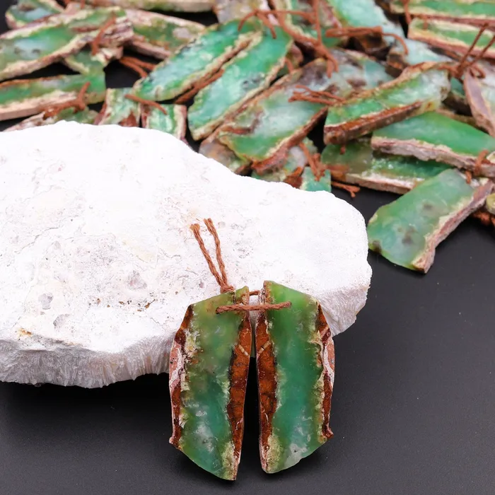 Drilled Natural Bicolor Green Brown Chrysoprase Earring Pair Freeform Matched Gemstone Beads Intrinsic Trading Earrings