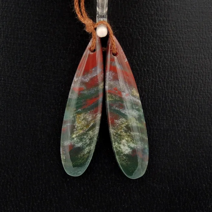 Earrings Intrinsic Trading Drilled Gemstone Pair Natural Bloodstone Thin Long Teardrop Cabochon Cab Pair Matched Earrings Bead Pair Bright Green Red Stone