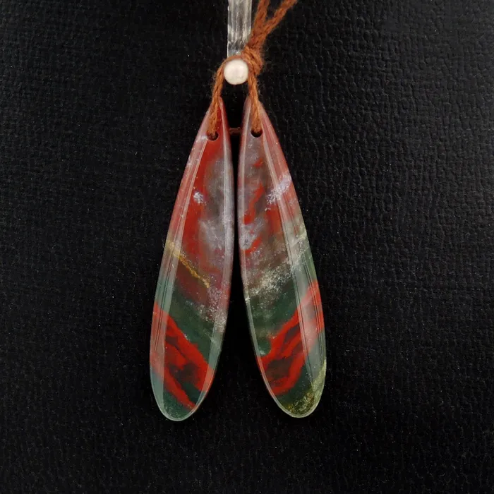 Earrings Intrinsic Trading Drilled Gemstone Pair Natural Bloodstone Thin Long Teardrop Cabochon Cab Pair Matched Earrings Bead Pair Bright Green Red Stone