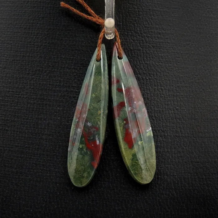 Earrings Intrinsic Trading Drilled Gemstone Pair Natural Bloodstone Thin Long Teardrop Cabochon Cab Pair Matched Earrings Bead Pair Bright Green Red Stone