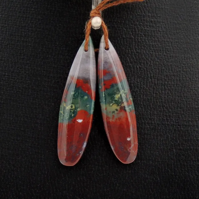 Earrings Intrinsic Trading Drilled Gemstone Pair Natural Bloodstone Thin Long Teardrop Cabochon Cab Pair Matched Earrings Bead Pair Bright Green Red Stone
