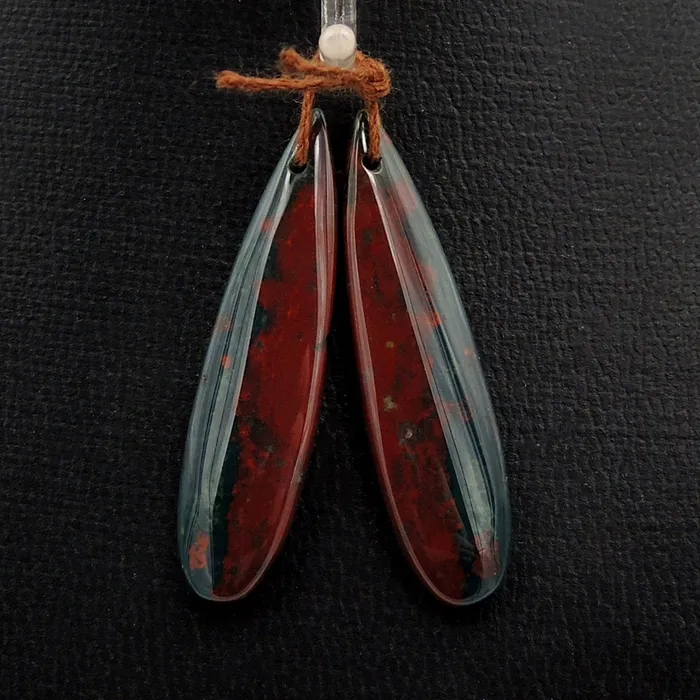 Earrings Intrinsic Trading Drilled Gemstone Pair Natural Bloodstone Thin Long Teardrop Cabochon Cab Pair Matched Earrings Bead Pair Bright Green Red Stone