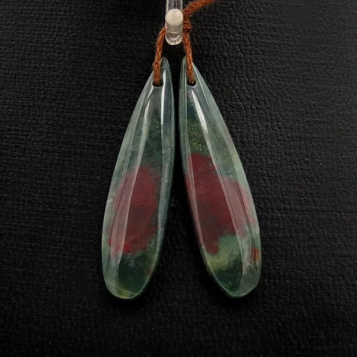Earrings Intrinsic Trading Drilled Gemstone Pair Natural Bloodstone Thin Long Teardrop Cabochon Cab Pair Matched Earrings Bead Pair Bright Green Red Stone