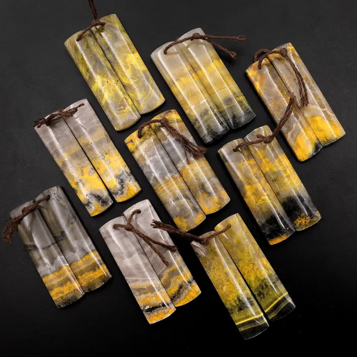 Earrings Intrinsic Trading Natural Bumble Bee Jasper Rectangle Cabochon Cab Earring Pair Drilled Matched Gemstone Beads Vibrant Orange Yellow Colors