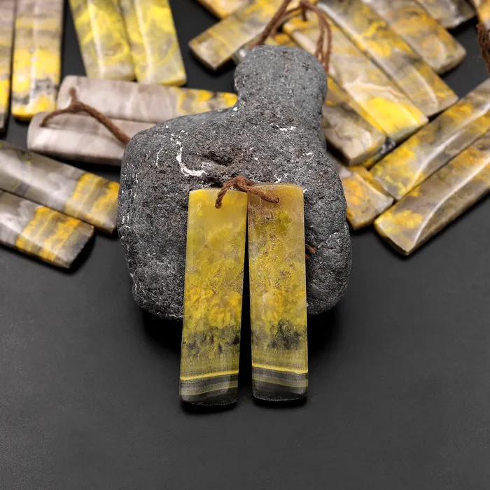 Earrings Intrinsic Trading Natural Bumble Bee Jasper Rectangle Cabochon Cab Earring Pair Drilled Matched Gemstone Beads Vibrant Orange Yellow Colors