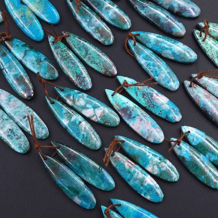 Intrinsic Trading Earrings Drilled Parrot Wing Chrysocolla Teardrop Earring Pair Matched Teardrop Cabochon Natural Blue Green Gemstone Stone Beads