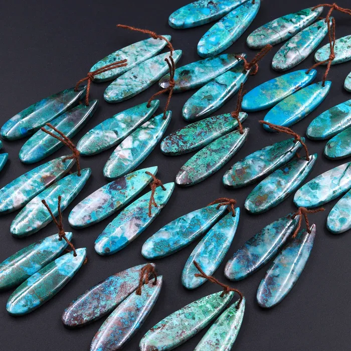 Intrinsic Trading Earrings Drilled Parrot Wing Chrysocolla Teardrop Earring Pair Matched Teardrop Cabochon Natural Blue Green Gemstone Stone Beads