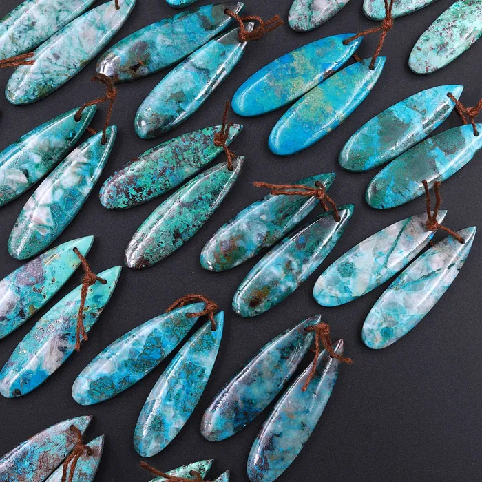Intrinsic Trading Earrings Drilled Parrot Wing Chrysocolla Teardrop Earring Pair Matched Teardrop Cabochon Natural Blue Green Gemstone Stone Beads