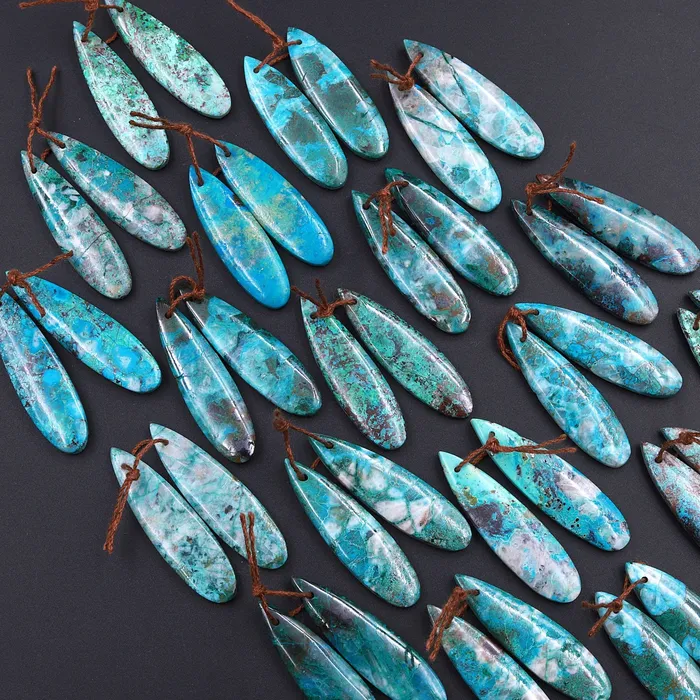 Intrinsic Trading Earrings Drilled Parrot Wing Chrysocolla Teardrop Earring Pair Matched Teardrop Cabochon Natural Blue Green Gemstone Stone Beads