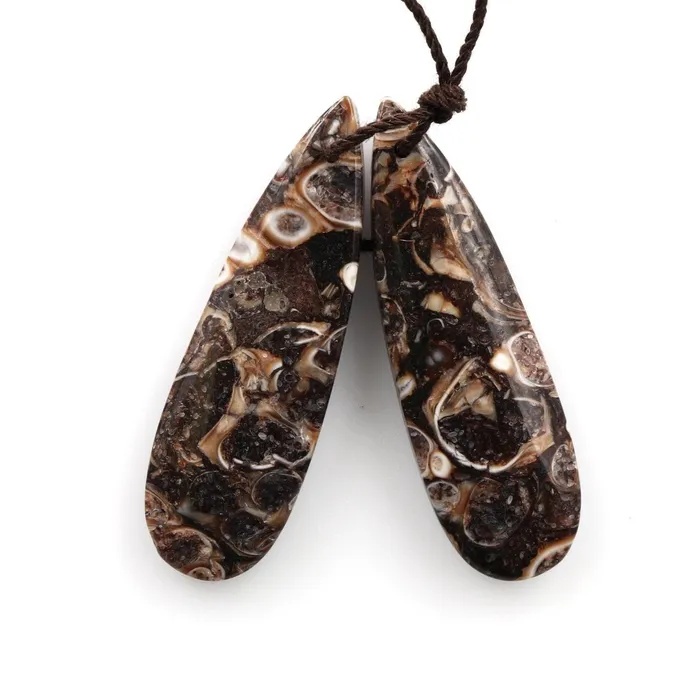 Intrinsic Trading Earrings Natural Turritella Fossil Earring Pair From Wyoming Cabochon Cab Pair Drilled Long Teardrop Matched Earring Bead Pair Natural Gemstone Pair