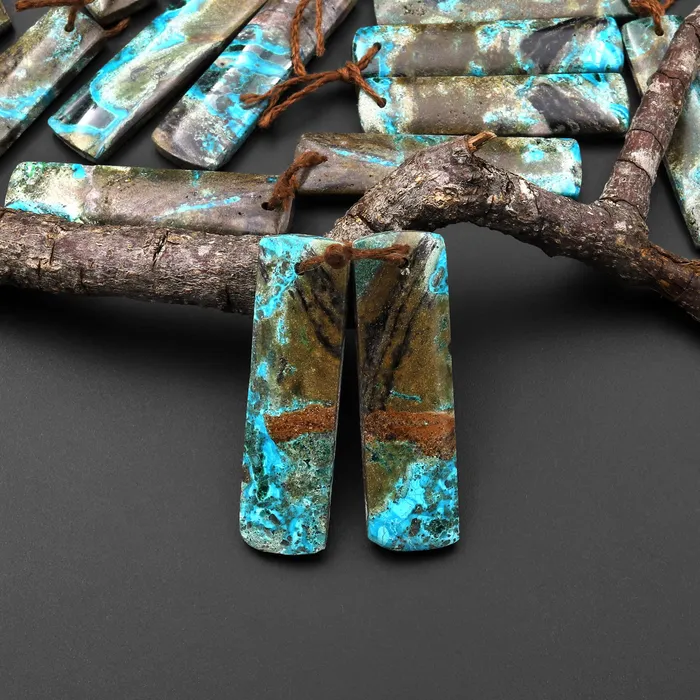 Intrinsic Trading Earrings Rare Natural Shattuckite Earring Pair Rectangle Matched Gemstone Beads Chrysocolla Azurite Malachite From Congo