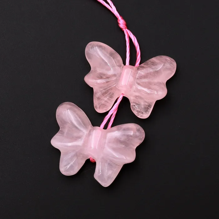 Intrinsic Trading Hand Carved Natural Pink Rose Quartz Butterfly Earring Pair Drilled Gemstone Matched Beads A1 Earrings
