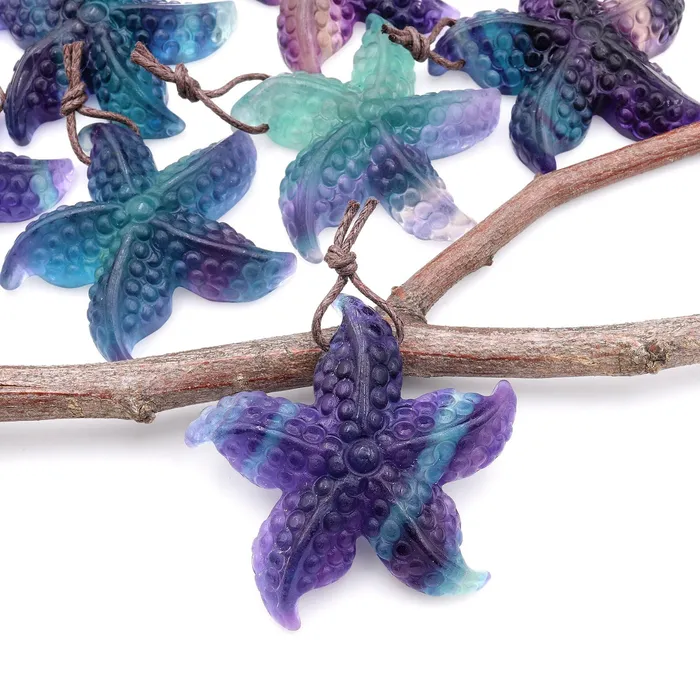 Intrinsic Trading Necklaces Hand Carved Natural Fluorite Starfish Gemstone Pendant A1