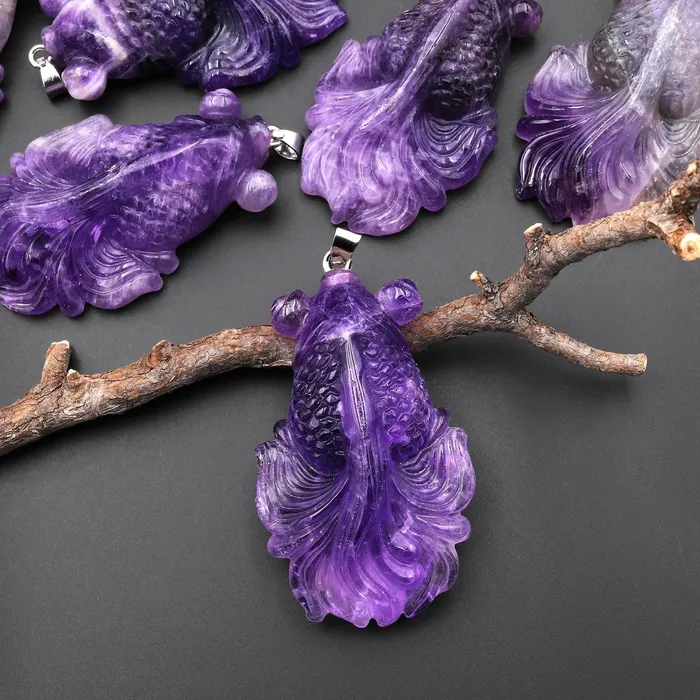 Intrinsic Trading Necklaces Hand Carved Natural Purple Amethyst Goldfish Gemstone Pendant A2 Intrinsic Trading Necklaces Hand Carved Natural Purple Amethyst Goldfish Gemstone Pendant A2