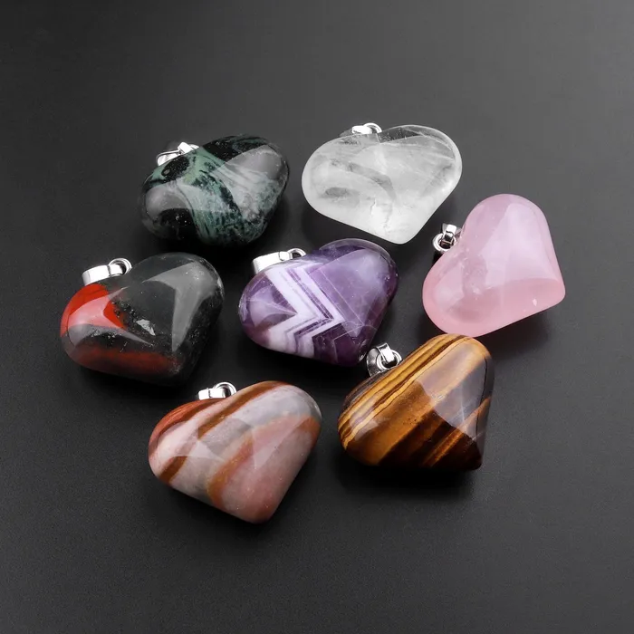 Intrinsic Trading Necklaces Natural Gemstone Heart Pendant Choose from Rose Quartz Bloodstone Amethyst Rock Quartz Tiger Eye Kambaba Jasper Landscape Ocean Jasper