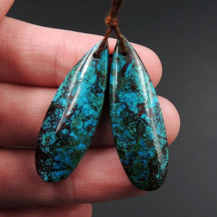 Intrinsic Trading Parrot Wing Chrysocolla Earring Pair Drilled Teardrop Natural Stone Earring Pair E2569 Earrings
