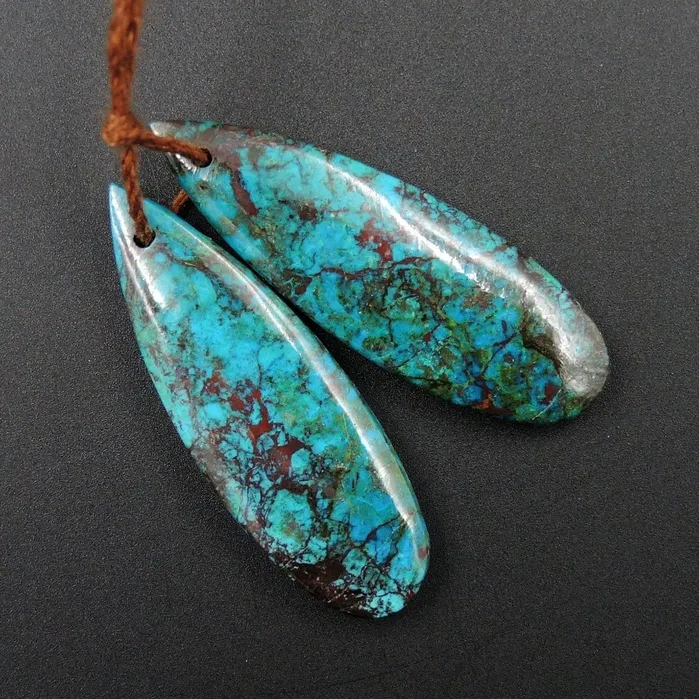 Intrinsic Trading Parrot Wing Chrysocolla Earring Pair Drilled Teardrop Natural Stone Earring Pair E2569 Earrings