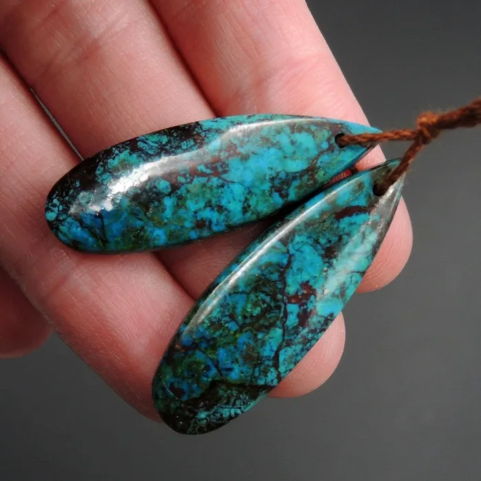 Intrinsic Trading Parrot Wing Chrysocolla Earring Pair Drilled Teardrop Natural Stone Earring Pair E2569 Earrings
