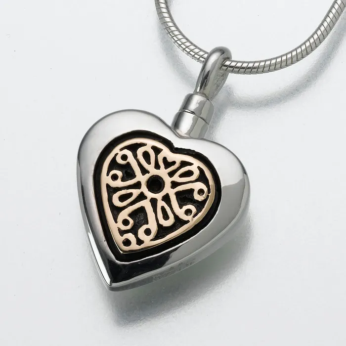 Madelyn Sterling Silver Heart Pendant with 14K Gold Insert Cremation Jewelry Necklaces Madelyn Sterling Silver Heart Pendant with 14K Gold Insert Cremation Jewelry Necklaces