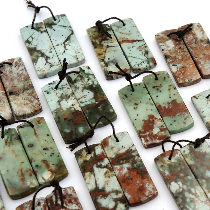Natural African Green Opal Earring Pair Flat Rectangle Cabochon Cab Pair Drilled Matched Gemstone Bead Pair Intrinsic Trading Earrings