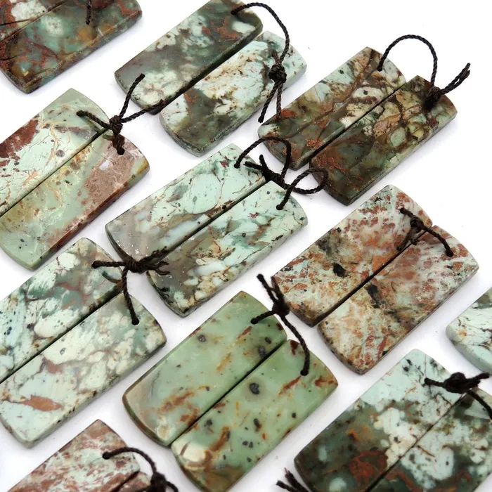 Natural African Green Opal Earring Pair Flat Rectangle Cabochon Cab Pair Drilled Matched Gemstone Bead Pair Intrinsic Trading Earrings