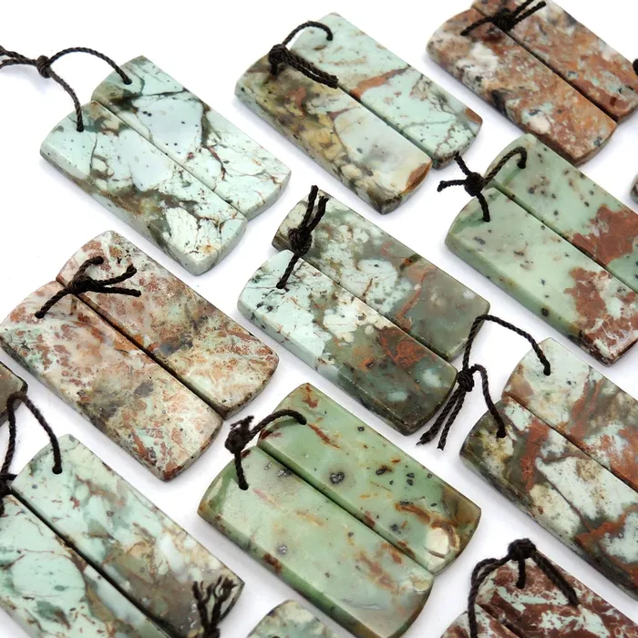 Natural African Green Opal Earring Pair Flat Rectangle Cabochon Cab Pair Drilled Matched Gemstone Bead Pair Intrinsic Trading Earrings