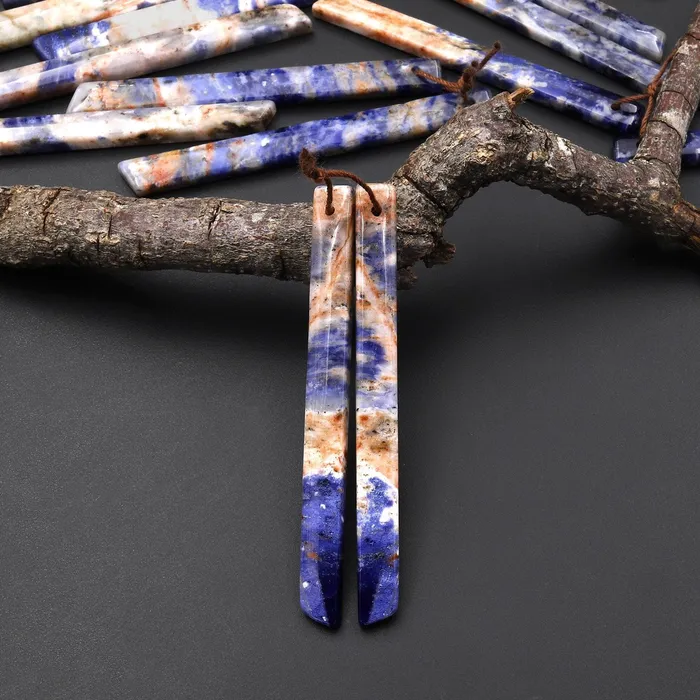 Natural Orange Sodalite Long Slender Beveled Rectangle Earring Pair Matched Gemstone Beads Intrinsic Trading Earrings Natural Orange Sodalite Long Slender Beveled Rectangle Earring Pair Matched Gemstone Beads Intrinsic Trading Earrings