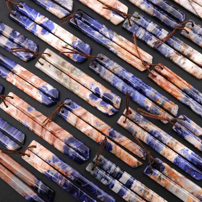 Natural Orange Sodalite Long Slender Beveled Rectangle Earring Pair Matched Gemstone Beads Intrinsic Trading Earrings