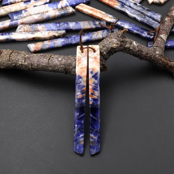 Natural Orange Sodalite Long Slender Beveled Rectangle Earring Pair Matched Gemstone Beads Intrinsic Trading Earrings