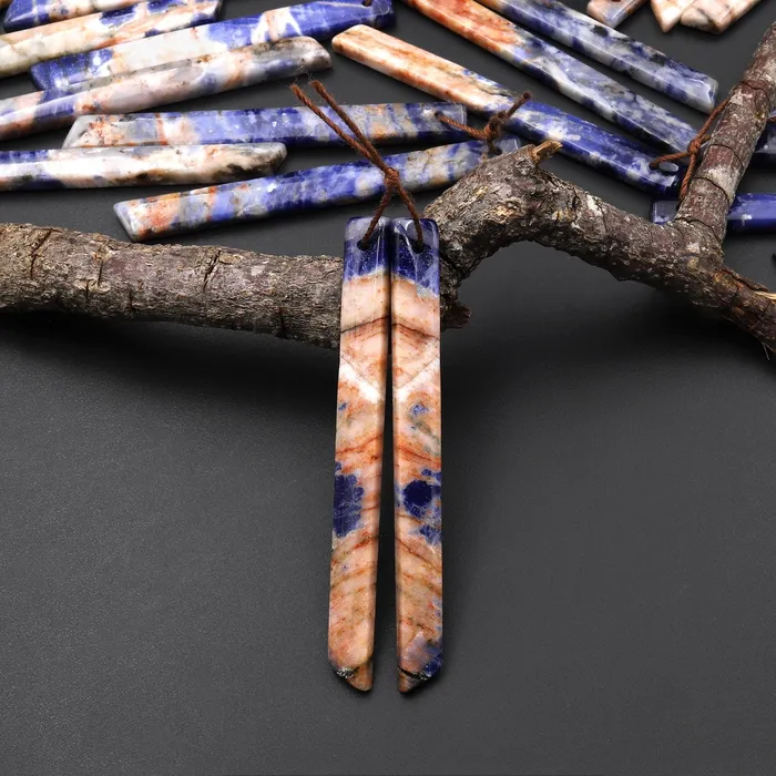 Natural Orange Sodalite Long Slender Beveled Rectangle Earring Pair Matched Gemstone Beads Intrinsic Trading Earrings