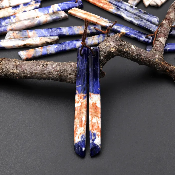 Natural Orange Sodalite Long Slender Beveled Rectangle Earring Pair Matched Gemstone Beads Intrinsic Trading Earrings