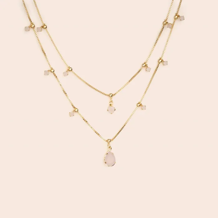 Necklaces Double Layered Pink CZ Dangle Necklace Gemlet