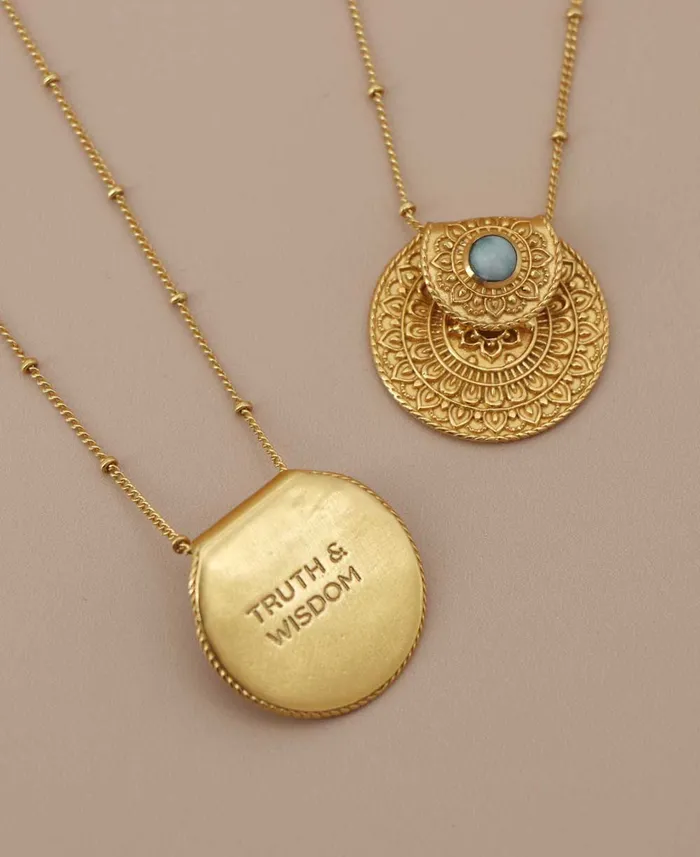 Necklaces Inspirational Gold Plated Mandala Necklace with Larimar Stone Buddha Groove Jewelry Necklaces Inspirational Gold Plated Mandala Necklace with Larimar Stone Buddha Groove Jewelry