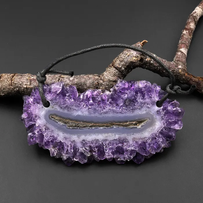 Necklaces Intrinsic Trading 2 Hole Pendant Natural Amethyst Stalactite Flower Pendant Flat Slice Freeform One of a Kind P0138 Necklaces Intrinsic Trading 2 Hole Pendant Natural Amethyst Stalactite Flower Pendant Flat Slice Freeform One of a Kind P0138