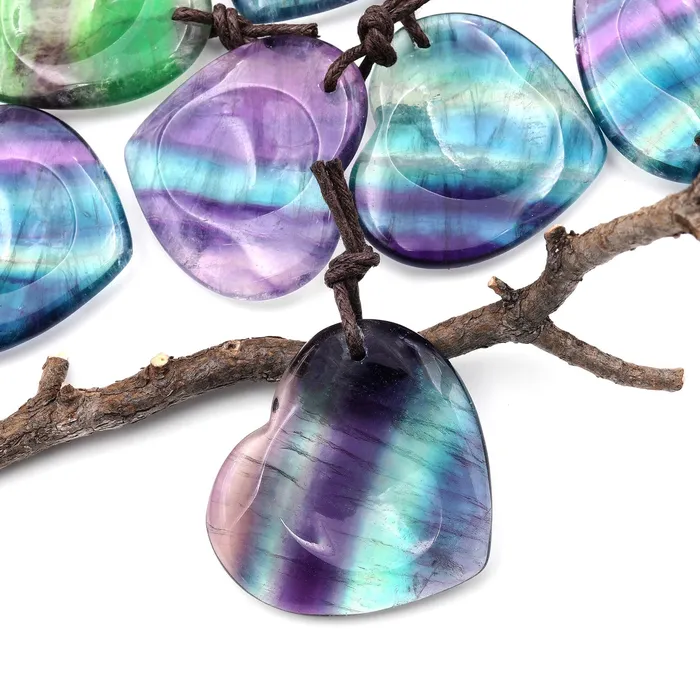 Necklaces Intrinsic Trading AAA Natural Rainbow Fluorite Indented Heart Pendant Focal Worry Stone Necklaces Intrinsic Trading AAA Natural Rainbow Fluorite Indented Heart Pendant Focal Worry Stone