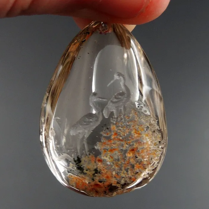 Necklaces Intrinsic Trading Carved Natural Lodolite Phantom Quartz Pendant Front Drilled Hand Carved Crane Rock Crystal Pendant One of a Kind Longevity Pendant P1797