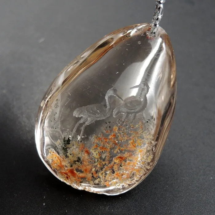 Necklaces Intrinsic Trading Carved Natural Lodolite Phantom Quartz Pendant Front Drilled Hand Carved Crane Rock Crystal Pendant One of a Kind Longevity Pendant P1797