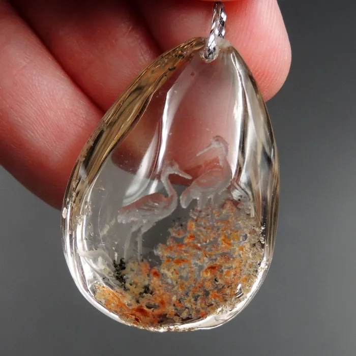 Necklaces Intrinsic Trading Carved Natural Lodolite Phantom Quartz Pendant Front Drilled Hand Carved Crane Rock Crystal Pendant One of a Kind Longevity Pendant P1797
