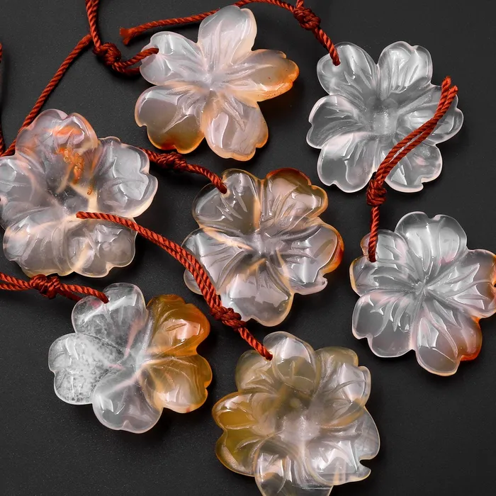 Necklaces Intrinsic Trading Hand Carved Natural Carnelian Flower Pendant Translucent Cream Colors Gemstone Focal Bead