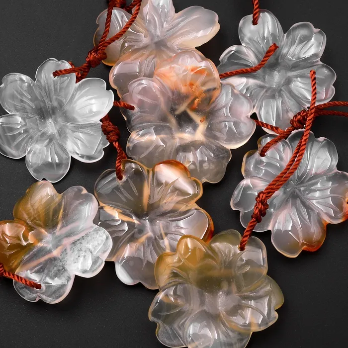 Necklaces Intrinsic Trading Hand Carved Natural Carnelian Flower Pendant Translucent Cream Colors Gemstone Focal Bead
