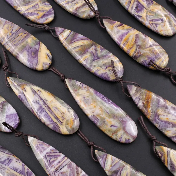 Necklaces Natural Petrified Purple Fluorite Pendant Teardrop Natural Stone Pendant Side Drilled Long Multi Color Purple Yellow Green Stone Focal Bead Intrinsic Trading