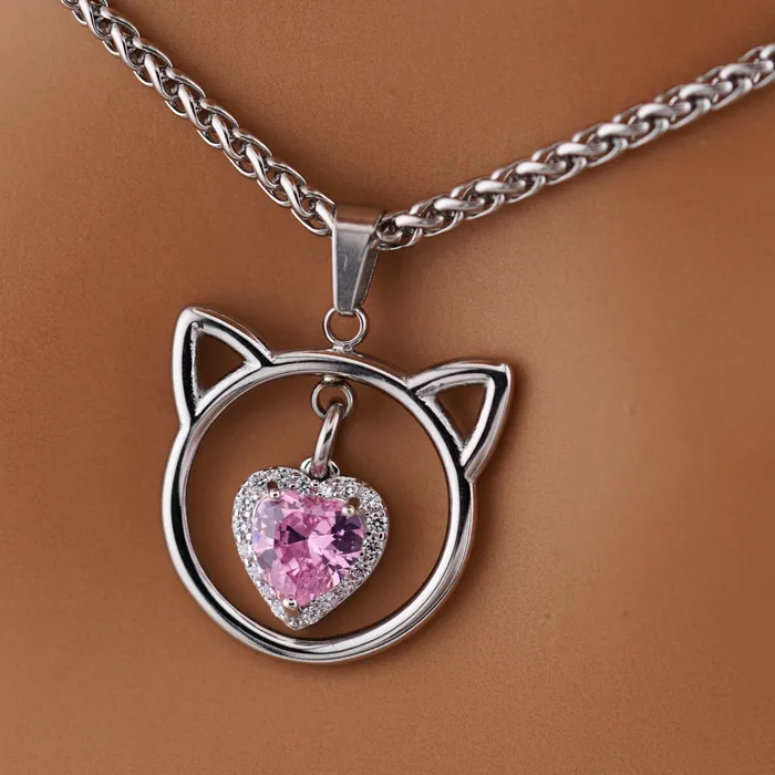 Pink Heart Kitten Wheat Chain Captive Collars Necklaces