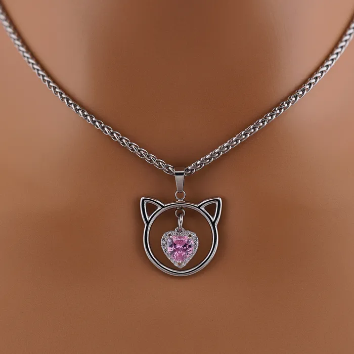 Pink Heart Kitten Wheat Chain Captive Collars Necklaces