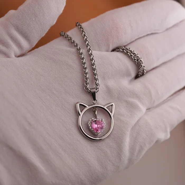 Pink Heart Kitten Wheat Chain Captive Collars Necklaces