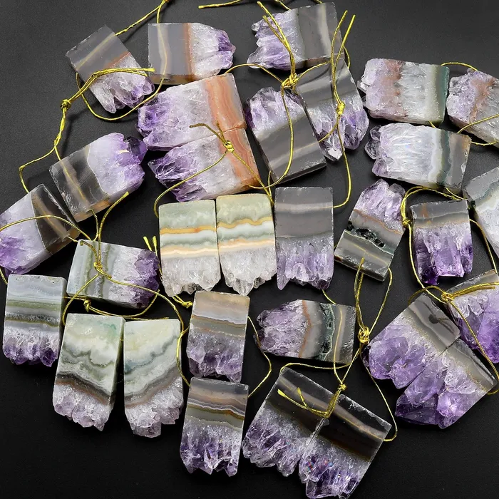 Small Natural Amethyst Stalactite Slice Matched Earring Gemstone Bead Pair Intrinsic Trading Earrings