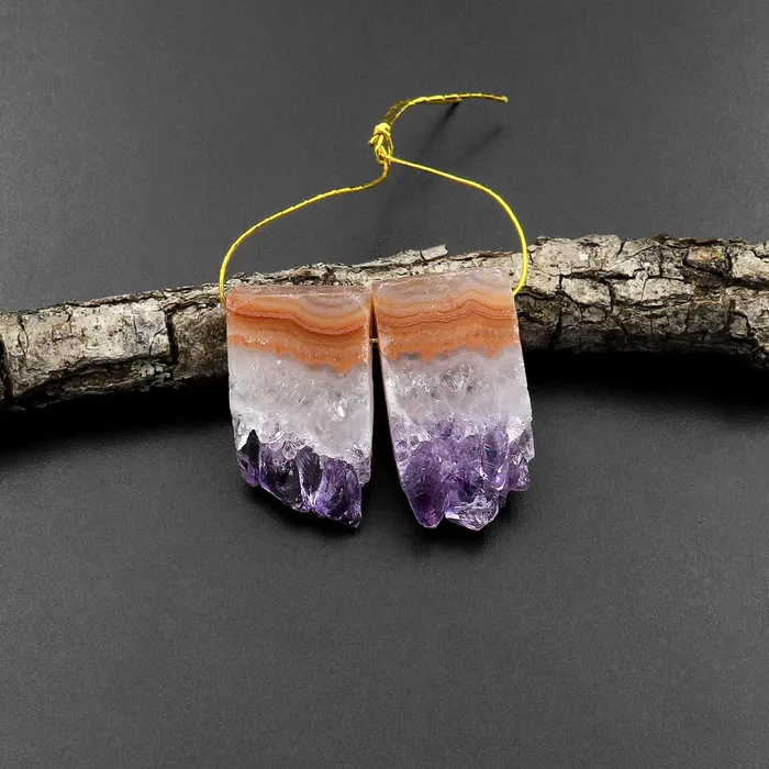 Small Natural Amethyst Stalactite Slice Matched Earring Gemstone Bead Pair Intrinsic Trading Earrings
